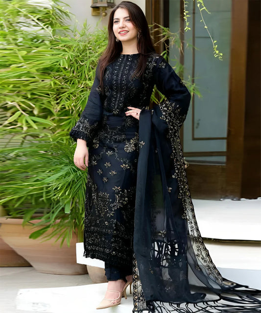 Lawn 3PC Embroidered Shirt with Organza Embroidered Dupatta- 1020