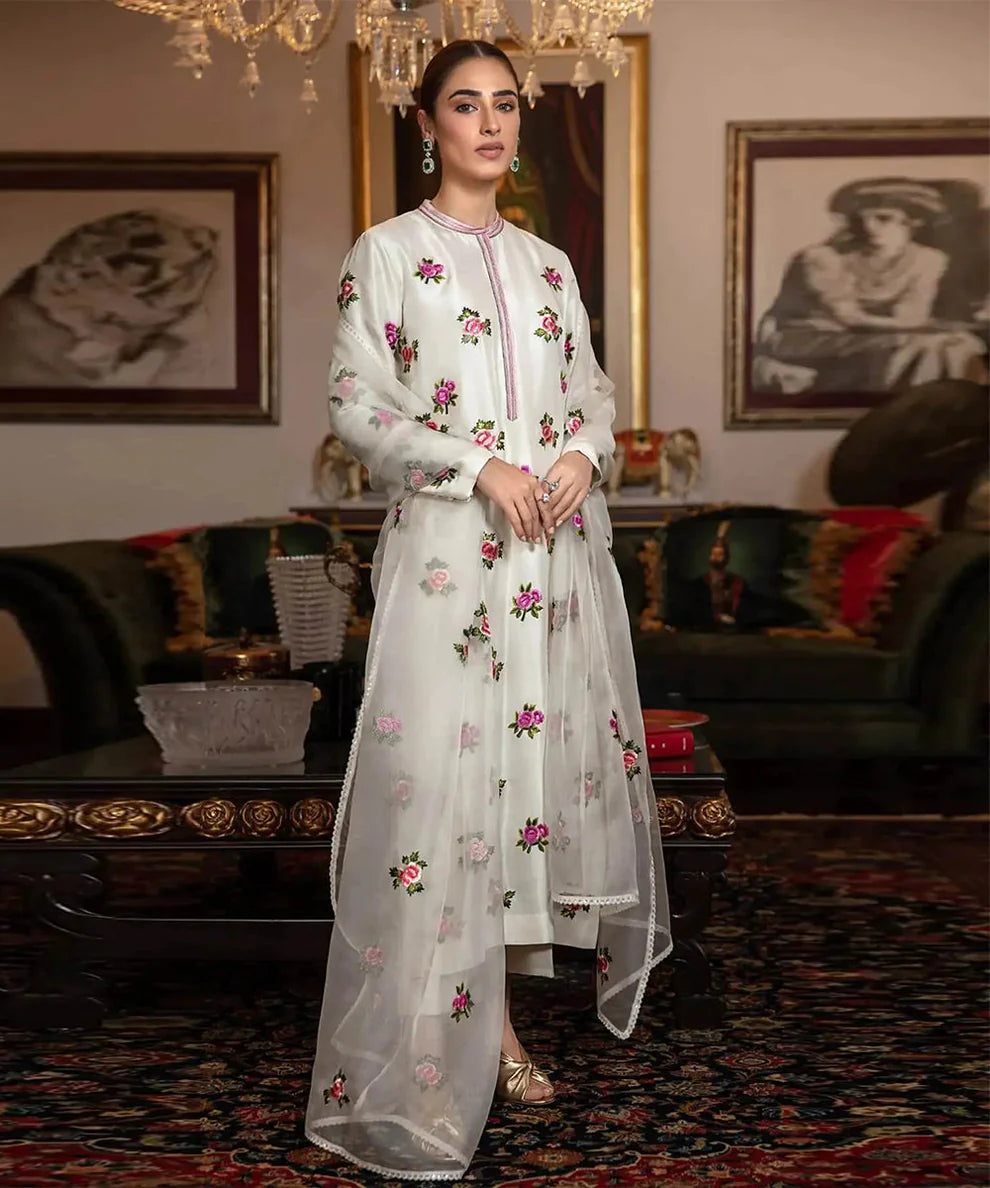 Silk 3PC Embroidered With Organza Embroidered Dupatta-1317